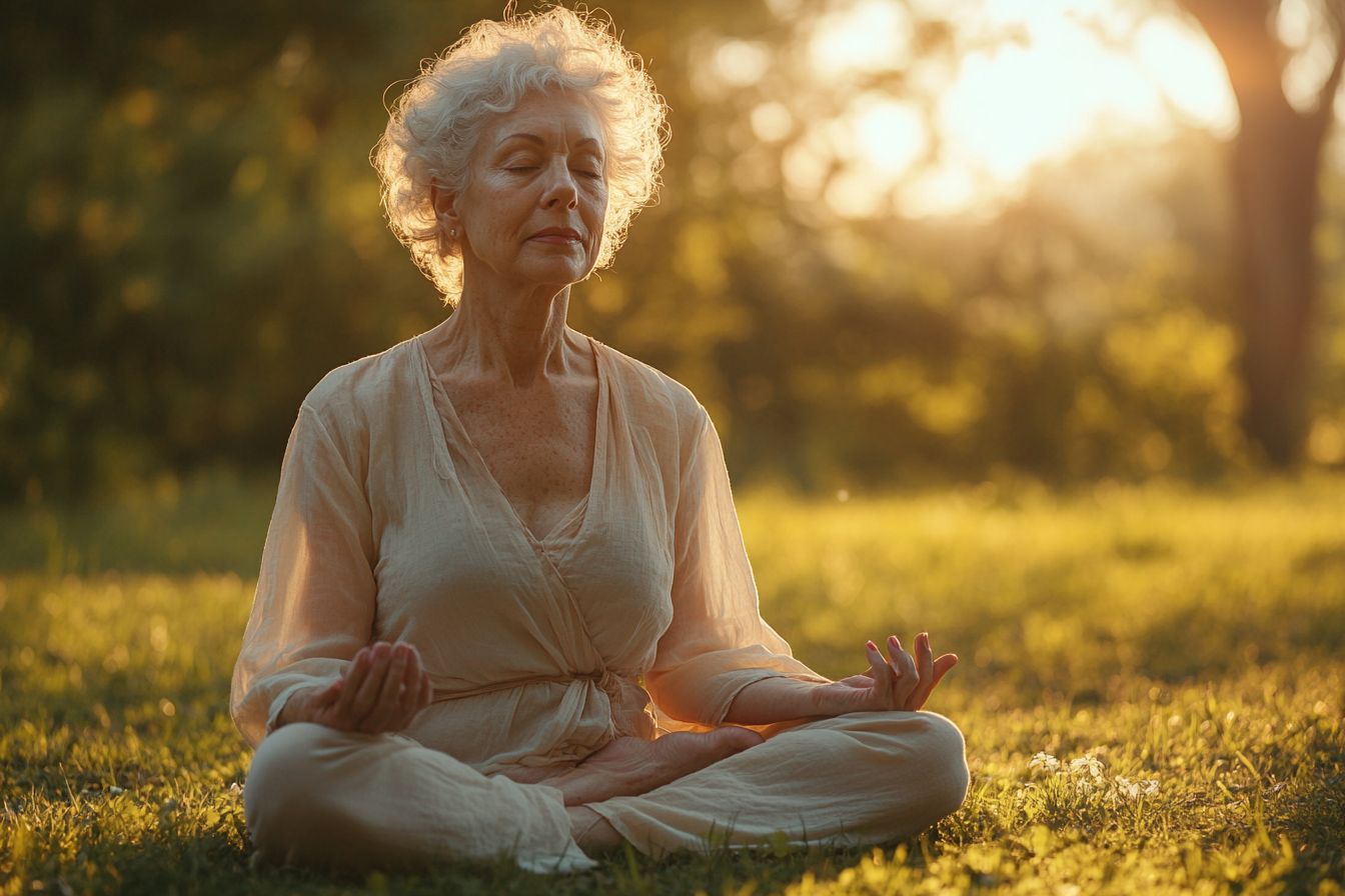 Старша жінка практикує йогу на природі