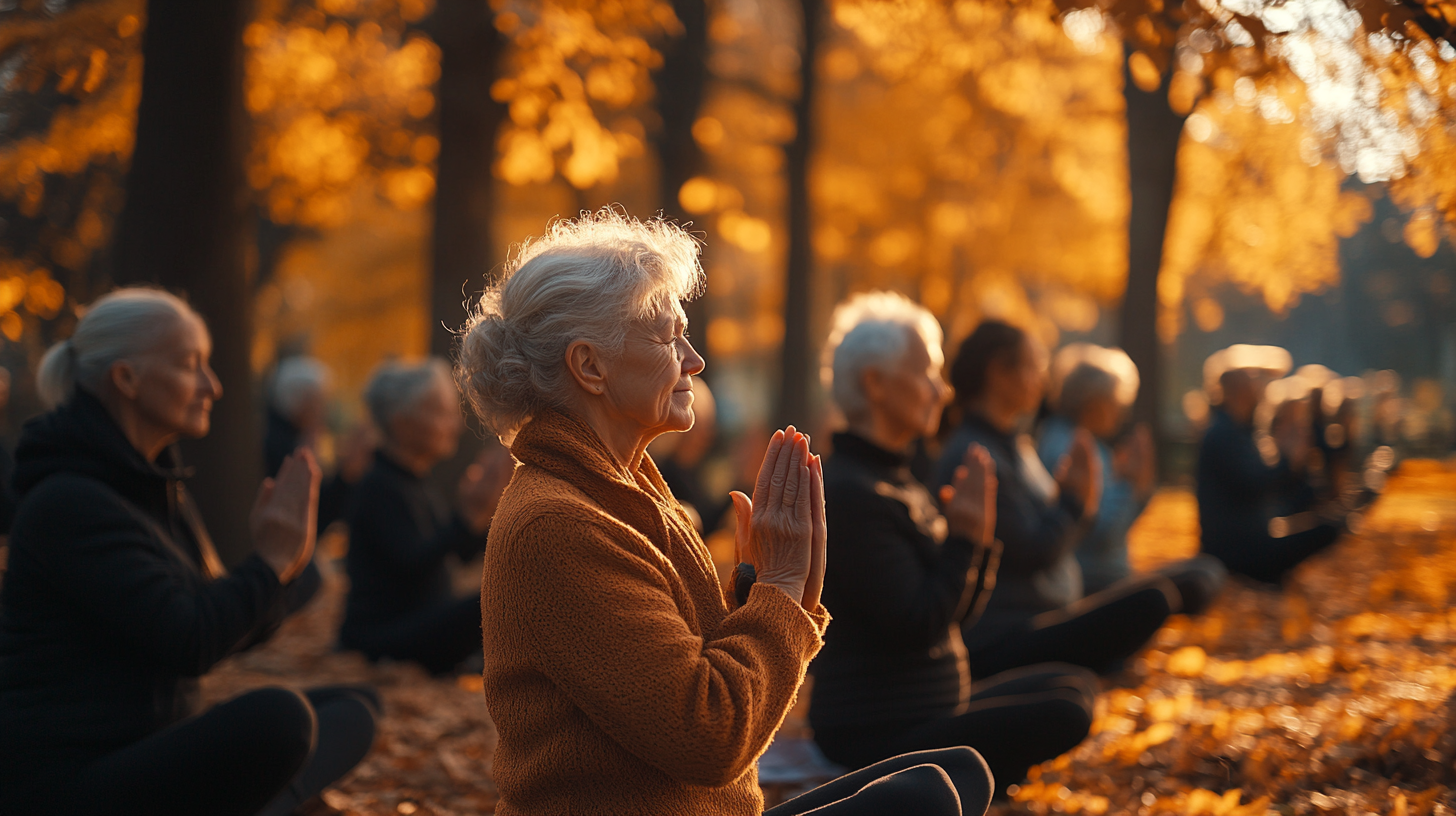 Старші люди практикують йогу в парку